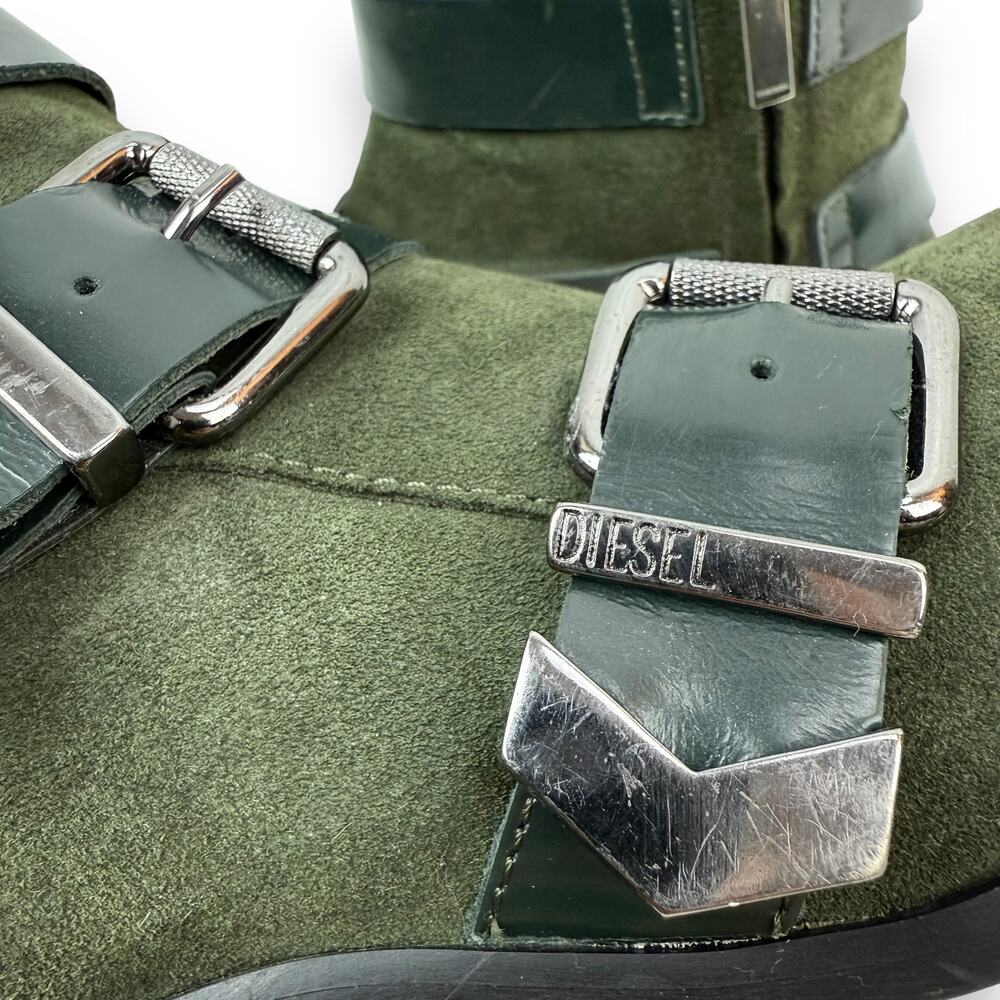 DIESEL green suede strapped buckle heeled pointed toe boots - Picture 7 of 16